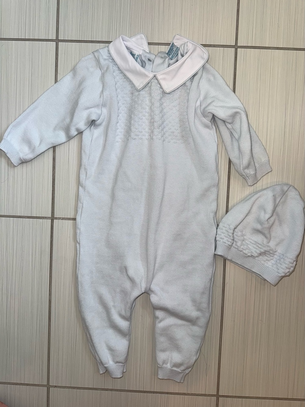 Feltman Bros Blue Knit Baby Romper & Bonnet Set 6M Heirloom Baptism